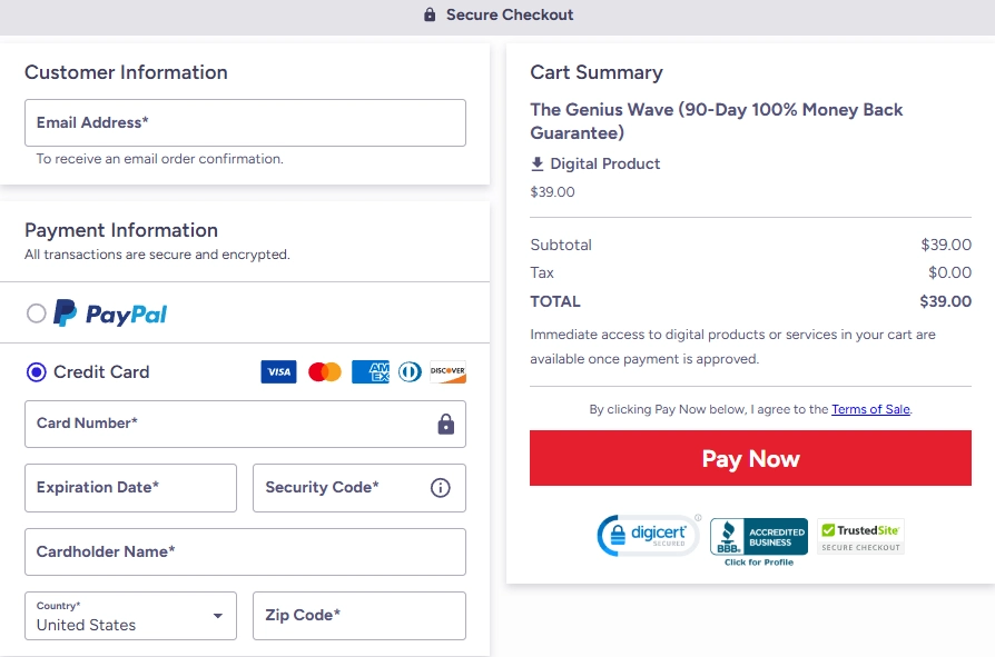 The Genius Wave secure checkout page